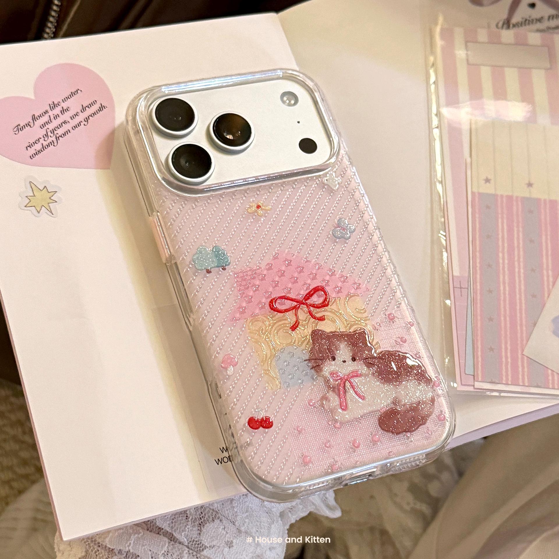 Pink Cartoon Cat Glitter Soft Heart Phone Case for iPhone 17 Pro iPhone 17 Pro