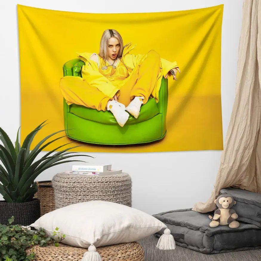 Billie Eilish Yellow Outfit Green Chair Wall Tapestry Pop Music Singer Home Decor Bold Art Soft Durable Cozy Aesthetic
