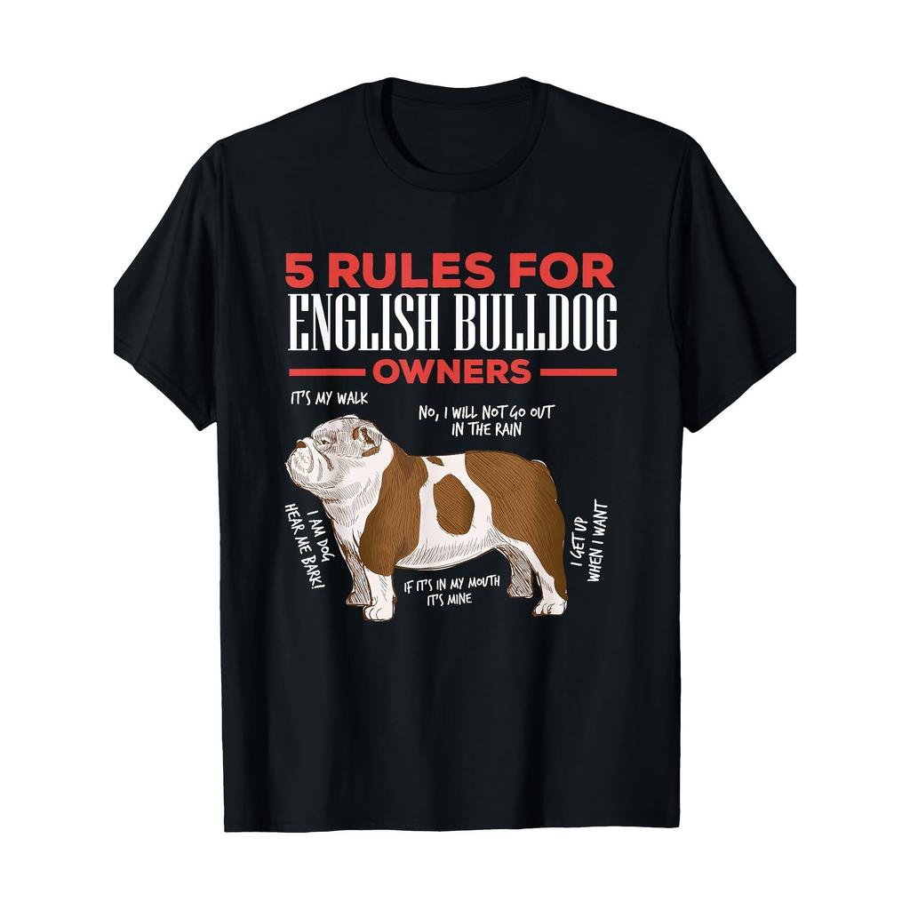 5 Rules for English Bulldog Owners Graphic T-Shirt Funny Dog Lover Cotton Short Sleeve Tee