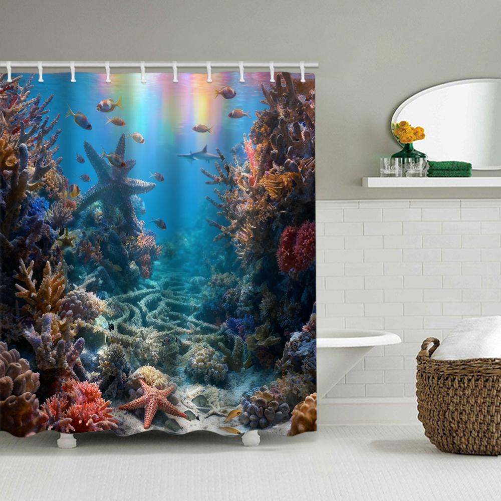1/4 Marine Organisms Print Shower Curtains, Toilet Seat Decoration, Shower Curtain with Carpet and Toilet Lid, 70.8x70.8 Inch