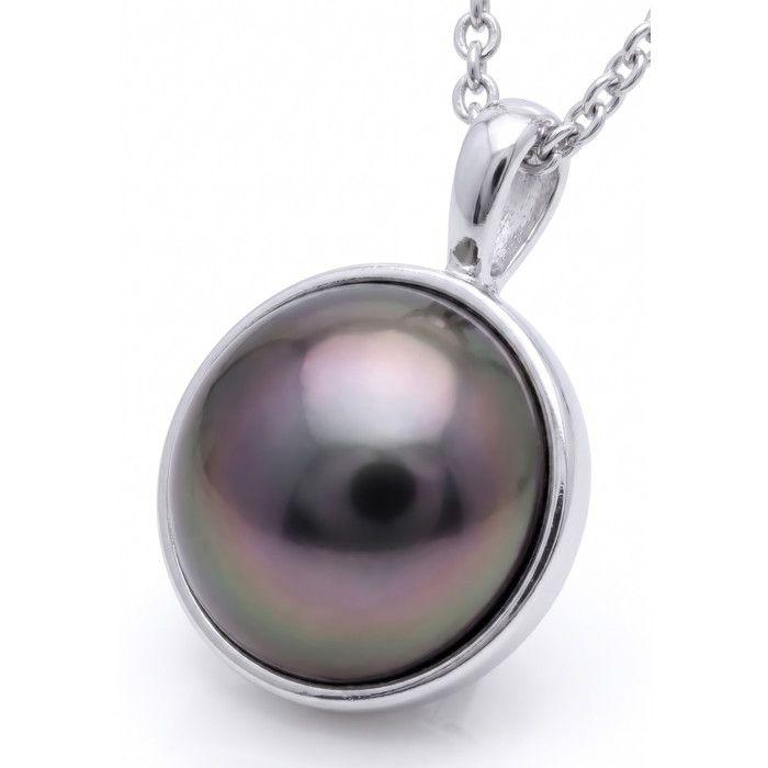 Collier - PEARLS & COLORS - Collier avec pendentif - Perle de Tahiti 10-11 mm ronde - Or blanc 9 ct - Chaîne 42 cm