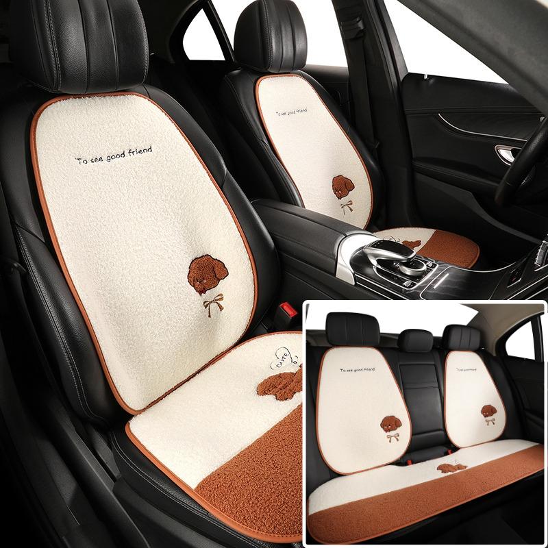 5 Seats Funny Puppy Car Seat Cover Fleece Fabric PU Leather Warm Comfortable Quick Installation Fits Most Cars