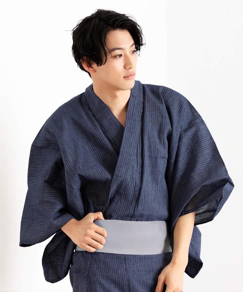 Yukata Shijira Stylish Set Simple Fine Stripe x Navy [KYOETSU] Men's Set, Fabric, Black/Navy, Cotton, 6-Piece (2. (One-Touch Gray), L)