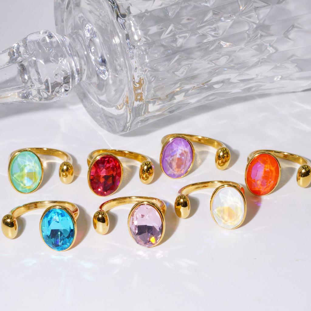 Oval Inlaid Colored Diamond Titanium Steel Open Ring, Personalized Versatile Light Luxury Jewelry Gift