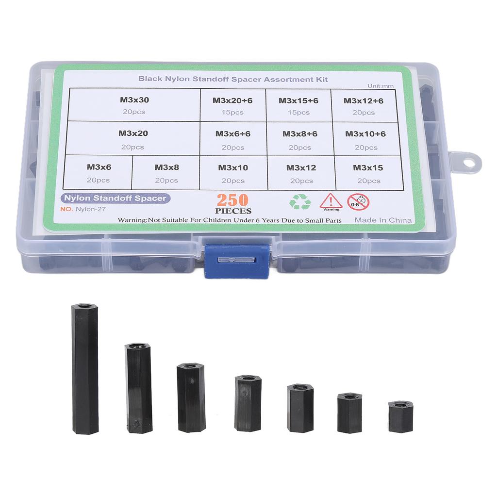 250Pcs Nylon Hex Spacer Standoff M3 Screw Nut Threaded Pillar for DIY UAV Industry