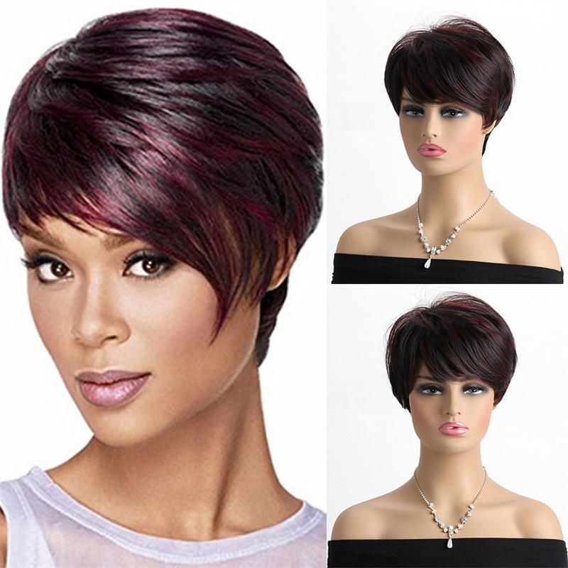 

Synthetic Natural Straight Hair Wig Short Pixie Cut Wig with Bangs Mix Wine Red Wigs for White Women Heat Resistant 4inches