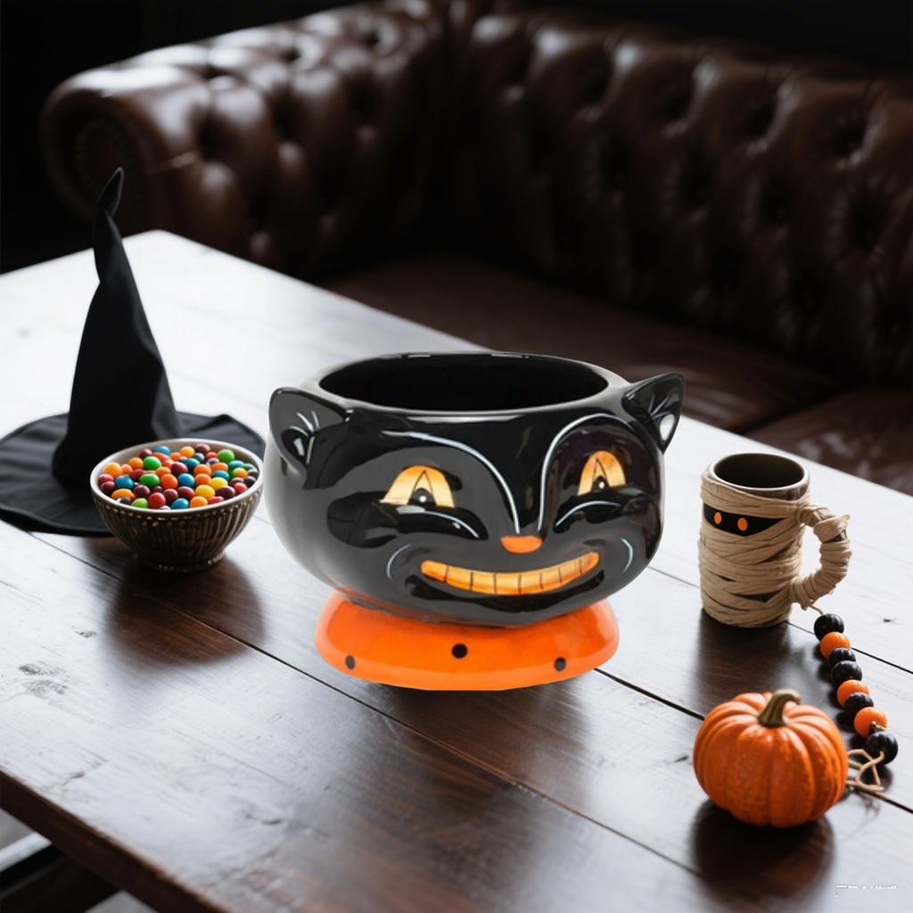 Retro Halloween, Smiling  Cat Candy Bowl, Snack Candy Jar, Halloween Drink And Dessert Cups, Ice Cream, Hot Cocoa, Etc.