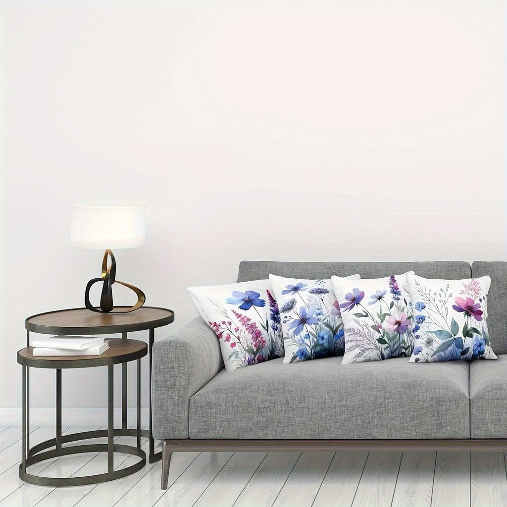 Soft Blue & Pink Wildflower Pillowcase: Watercolor Meadow-Themed Cushion Cover For Cottage Core Home Sofa Decor