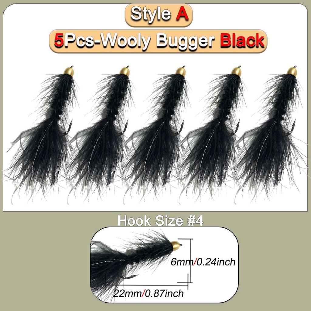 5 Stück Messingkopf Wooly Bugger Streamer Angel Fliegenköder Rot Schwarz Salzwasser Fliegenbindehaken Forellenfliegen Köder