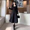 Schwarzes Kleid Plus Size Damen Lolita Kleid Gothic Harajuku Kleider Quadratischer Kragen Langarm Midikleid Schicke koreanische Kleidung