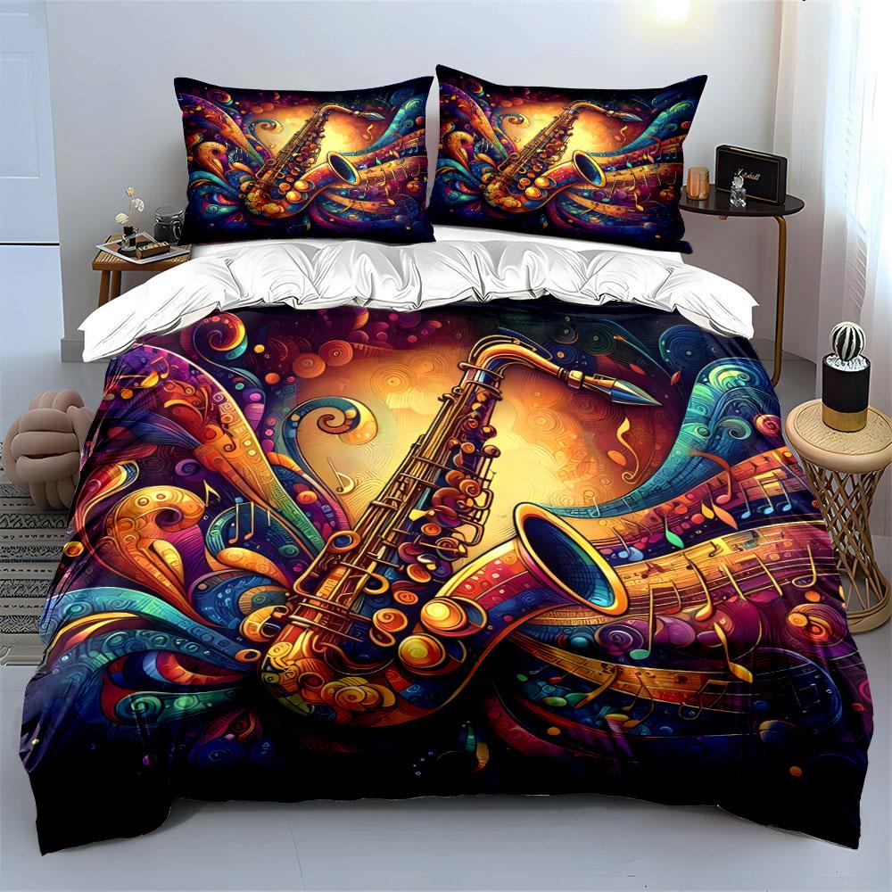 Set Biancheria da Letto Colorato con Decorazione Musicale di Sassofono con 1 Copripiumino 2 Federe Singolo Matrimoniale King Queen, Regalo