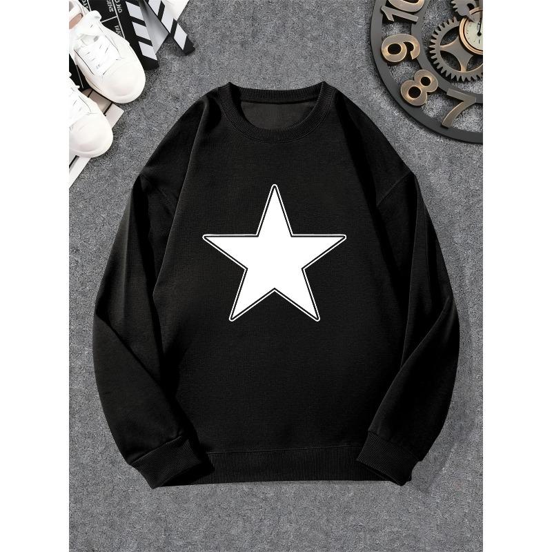 Men's White Star Pattern Casual Crew Neck Sweatshirt, Loose Fit Slight Stretch.