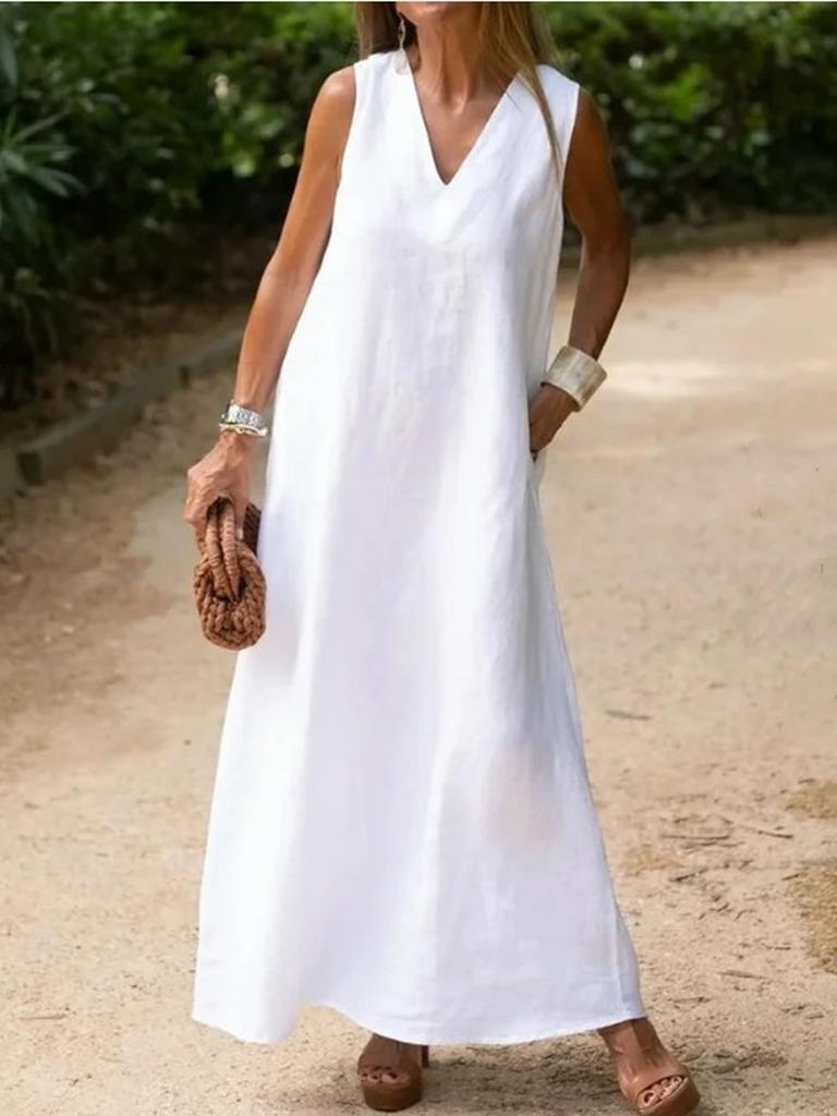 Summer New Style Deep V Neck Sleeveless Long Sleeve Plus Size White Cotton Linen Dress