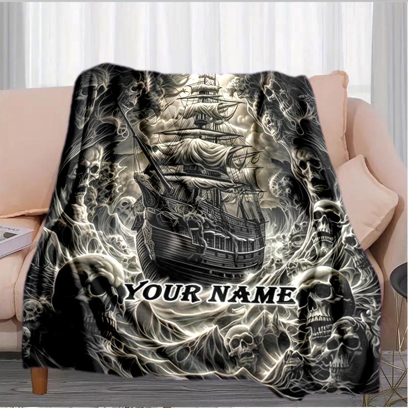 1PC Custom Name Skeletal Ship Adventure flannel blanket versatile,all-season throw suitable for the living room,bedroom,camping,travel,and gift