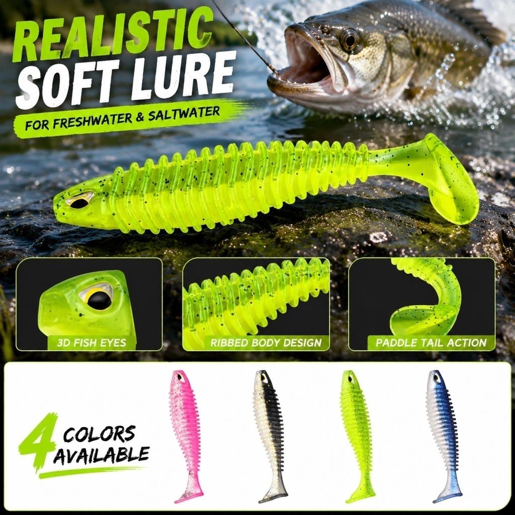 Soft Fishing Lure 6 5cm 2g Ribbed Body Swimbait with Eye Detail and T-Tail Design Bionic PVC Sinking Bait Double Color Spiral Pattern