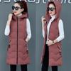 Hooded Cotton Vest Women Warm Medium Long Sleeveless Thickened Solid Color Zipper Jacket Slim Waistcoat Autumn Winter