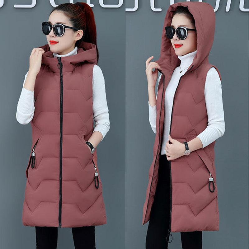 Hooded Cotton Vest Women Warm Medium Long Sleeveless Thickened Solid Color Zipper Jacket Slim Waistcoat Autumn Winter