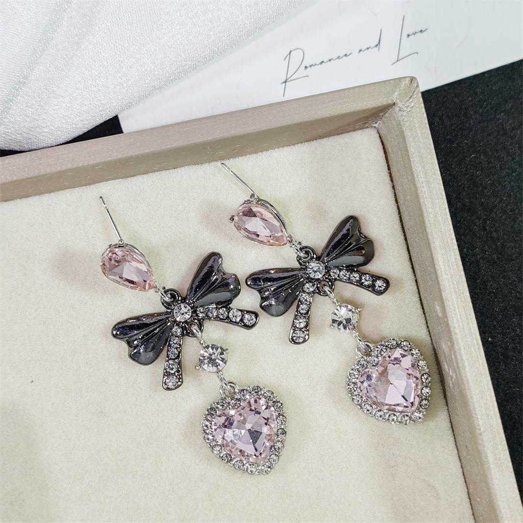 Pink Rhinestone Love Peach Heart Bow Knot Drop Earrings for Women Cool Dark Gothic Fashion Dangle Earrings Y2k Trendy Jewelry