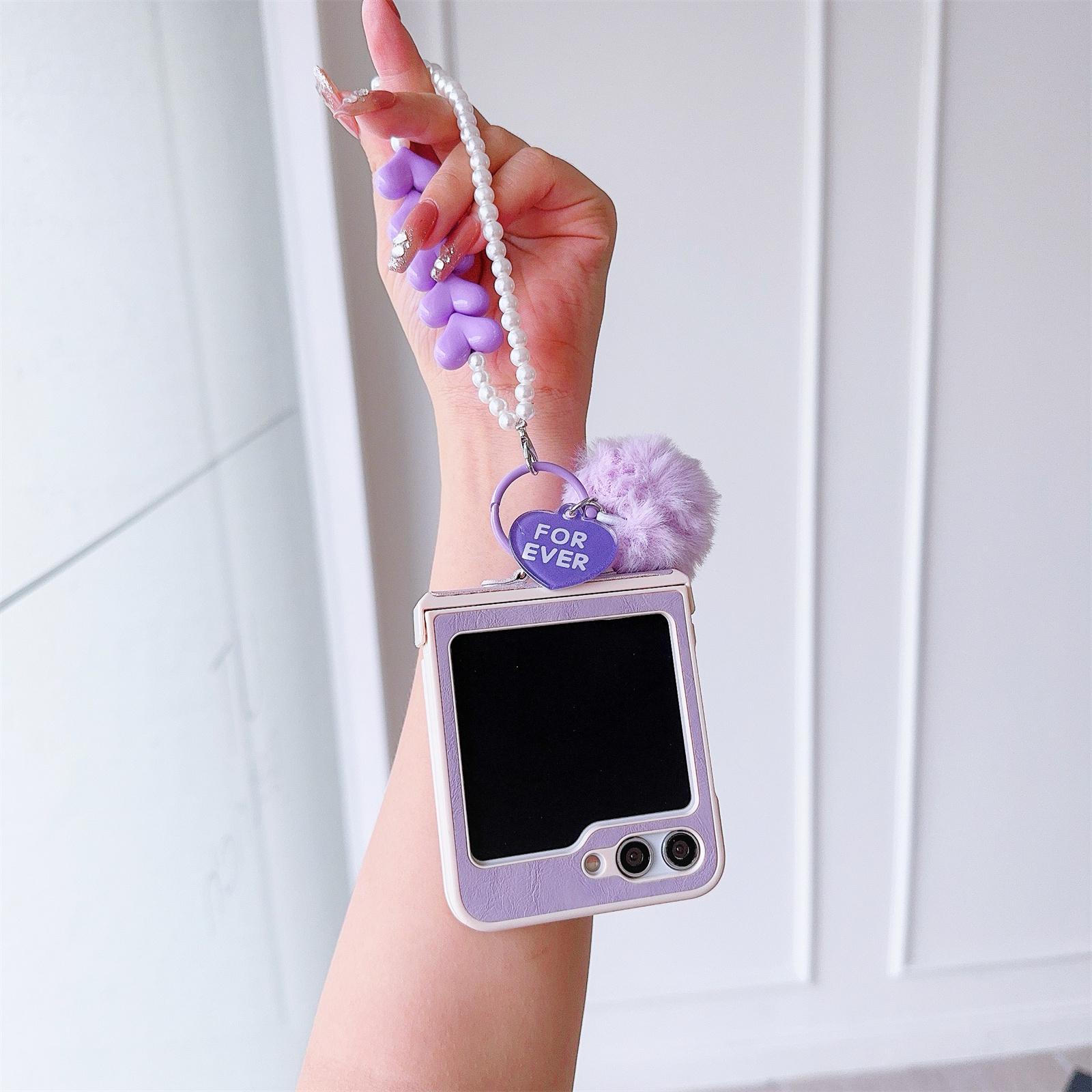 

For Samsung Galaxy Z Flip5 5G Case Crazy Horse Texture PU+PC Phone Cover with Pompom Pearl Chain Purple