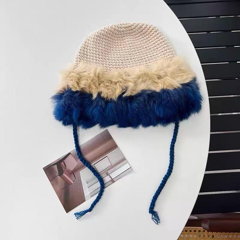 

Women s Knitted Rabbit Fur Fisherman Hat - Warm Autumn/Winter Beanie with Plush Ear Protection
