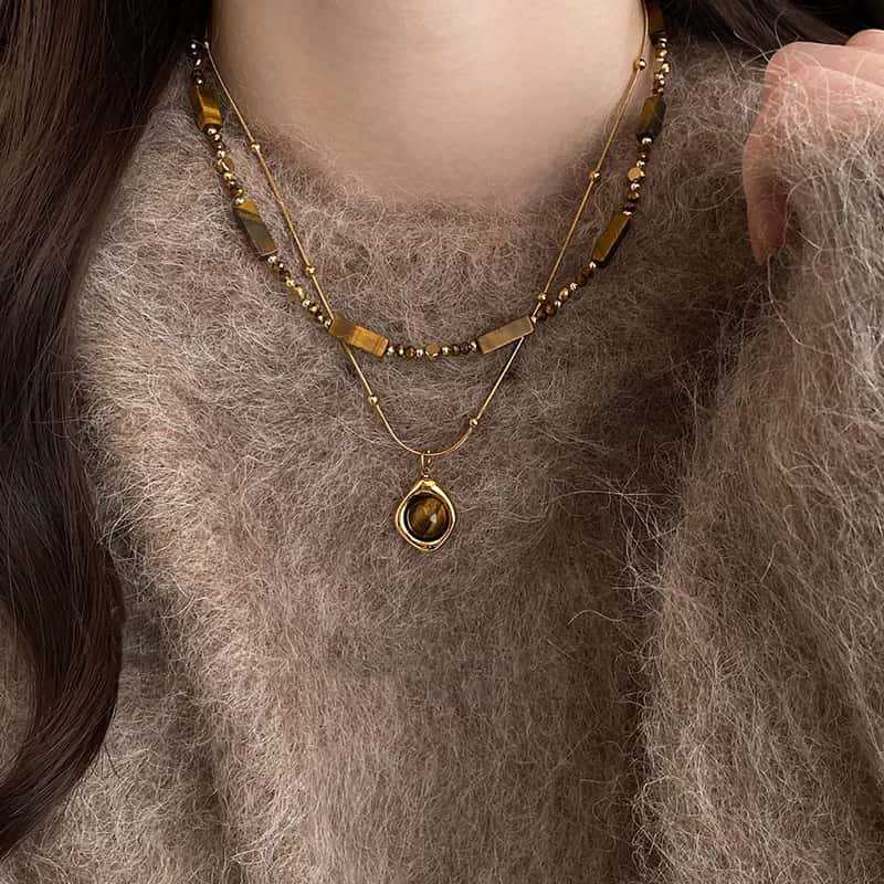 Retro Temperament Layered Tiger Eye Stone Pendant Necklace For Women Stainless Steel Double-Layer Collarbone Chain Sets Jewelry