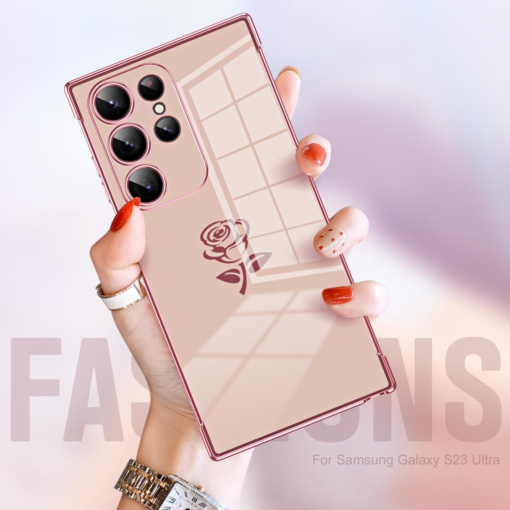 For Samsung Galaxy S25 Ultra Case Electroplating Edge Rose Pattern TPU Phone Back Cover Airbag Drop Proof