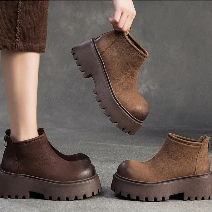Johnature Genuine Leather Thick Soled Ankle Boots Retro Back Zipper Cowhide Commuting Women's Platform Shoes