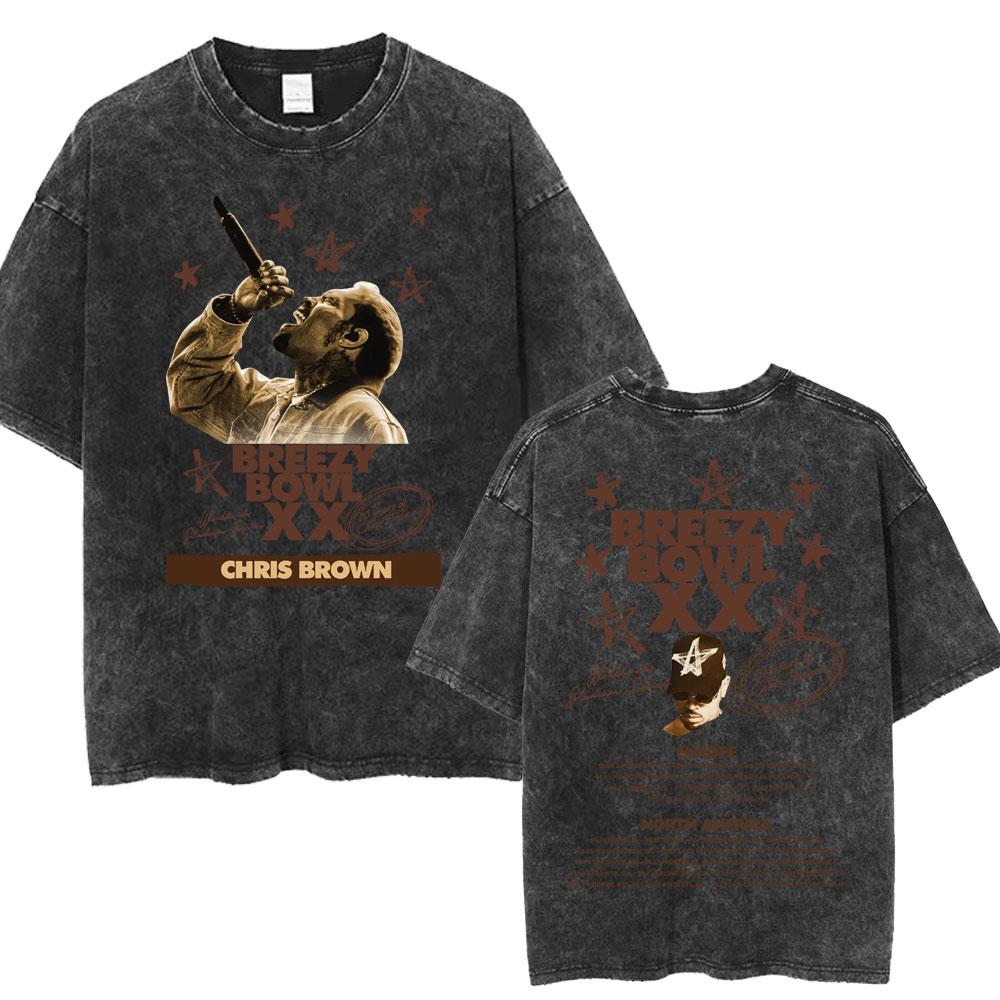 Chris Brown Breezy Bowl XX Concert Tour Washed T Shirts Vintage Hip Hop Gothic T Shirt Mens Oversized Cotton Tshirt Streetwear
