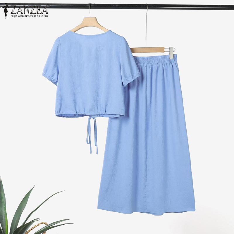 ZANZEA Women Short Sleeve Drawstring Blouse and Long Skirts Summer Two Piece Sets