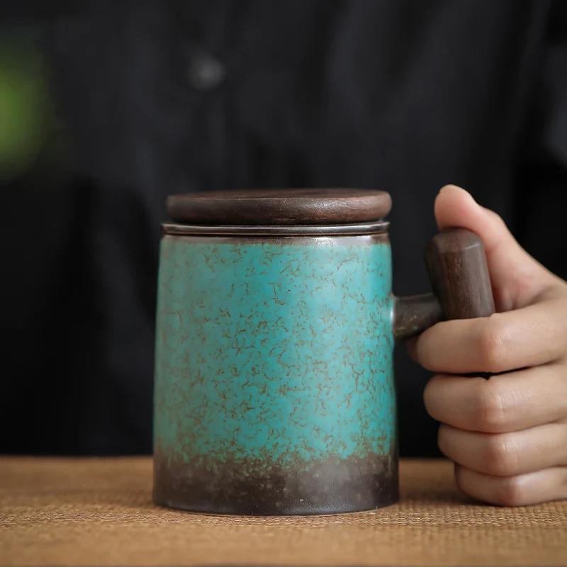 Retro Ceramic Aesthetic Mug Bubble Tea Cup with Cover Japanese Tea Water Elegant Original Mugs Coffee Cups Espresso Kiln Baked Wood Handle Gift