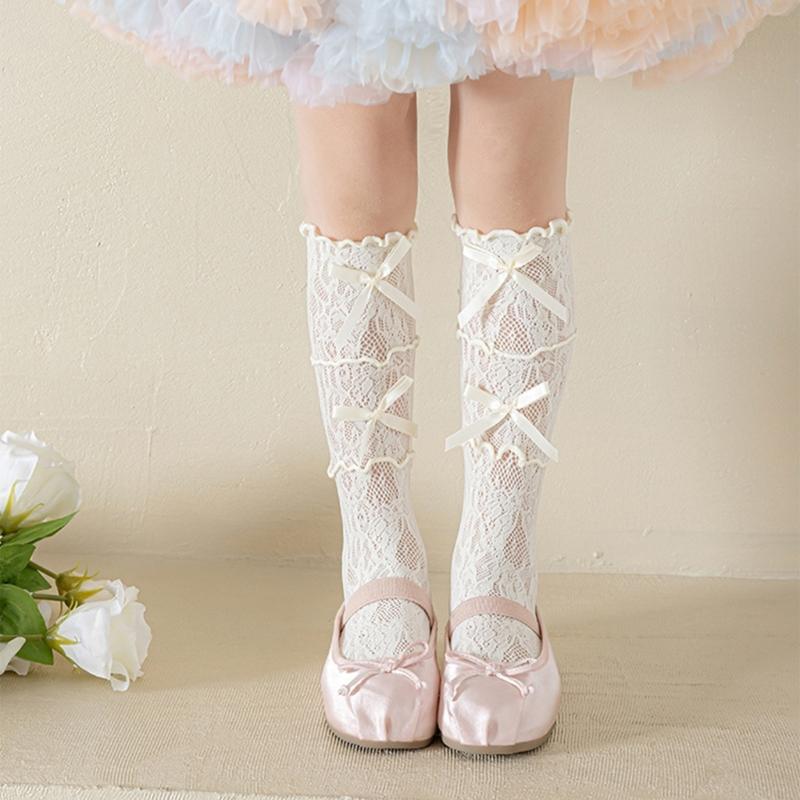 Cotton Girls Socks, Spring Thin Style In Tube Socks 3-Layer Lace Bowknot Charm Stackable for Kids 3-13T