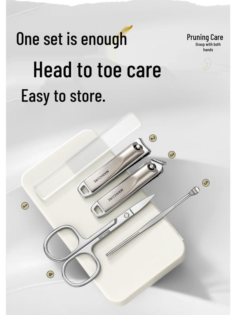 Stainless Steel 5-Piece Nail Care Set: Clippers, Scissors, Manicure Tools & Ear Pick