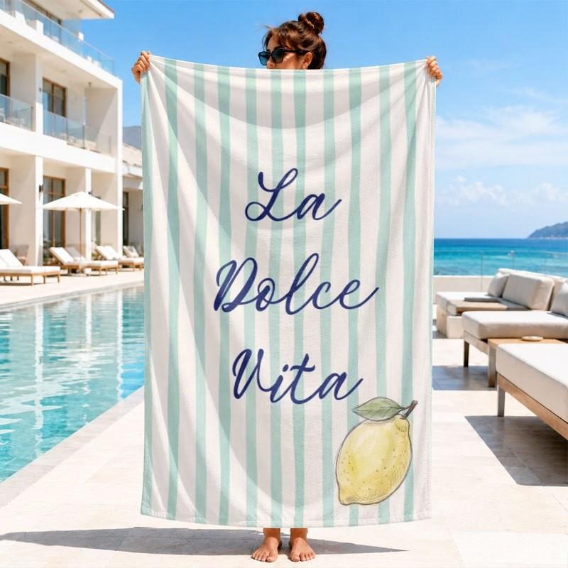 Mint White Vertical Stripe La Dolce Vita Lemon Script Print Microfiber Quick Dry Beach Towel Italian Coastal Holiday Bath Towel