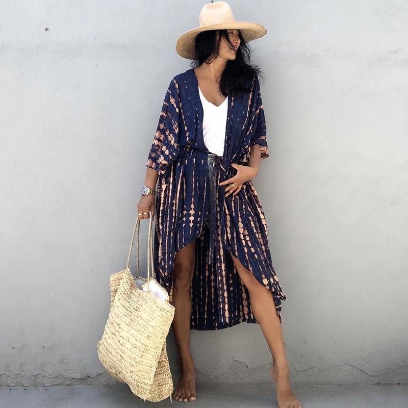 Black & White Tie-Dye Cardigan Beach Dress & Swimsuit Cover-Up