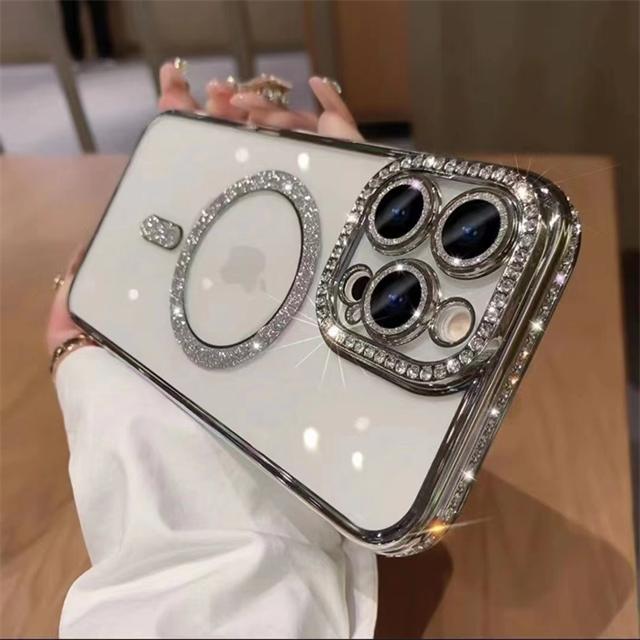 For iPhone 16E Pro Max Luxury Magsafe Magnetic Plating Flash Diamond Phone Case For iPhone 11 12 13 14 15 Plus Rhinestone Cover