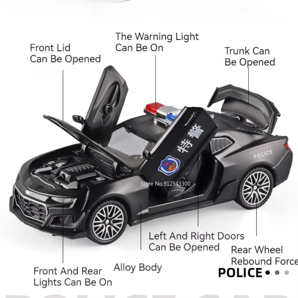 1:32 Scale Camaro Alloy Diecast Model Sports Car Toy Sound Light Doors Opened Police Vehicles Toys for Child Birthday Gifts