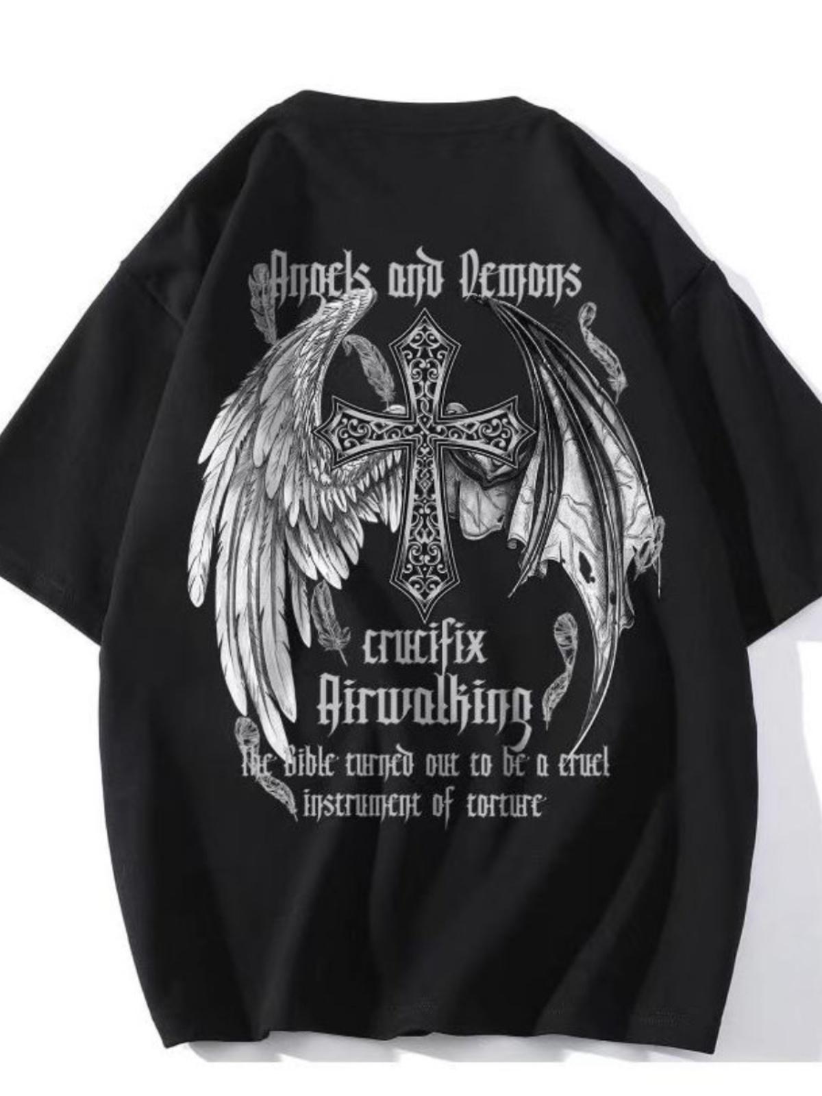 100% Хлопок Летняя Футболка с Коротким Рукавом Мужская Свободная Крылья Крест Модная Взрослая Мужская Новая Повседневная Уличная Свободная Удобная Майка 4XL