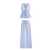 Women's Casual Sweet Set Summer Solid Color Striped Vest and Loose Pants Set with Lace-Up Closure