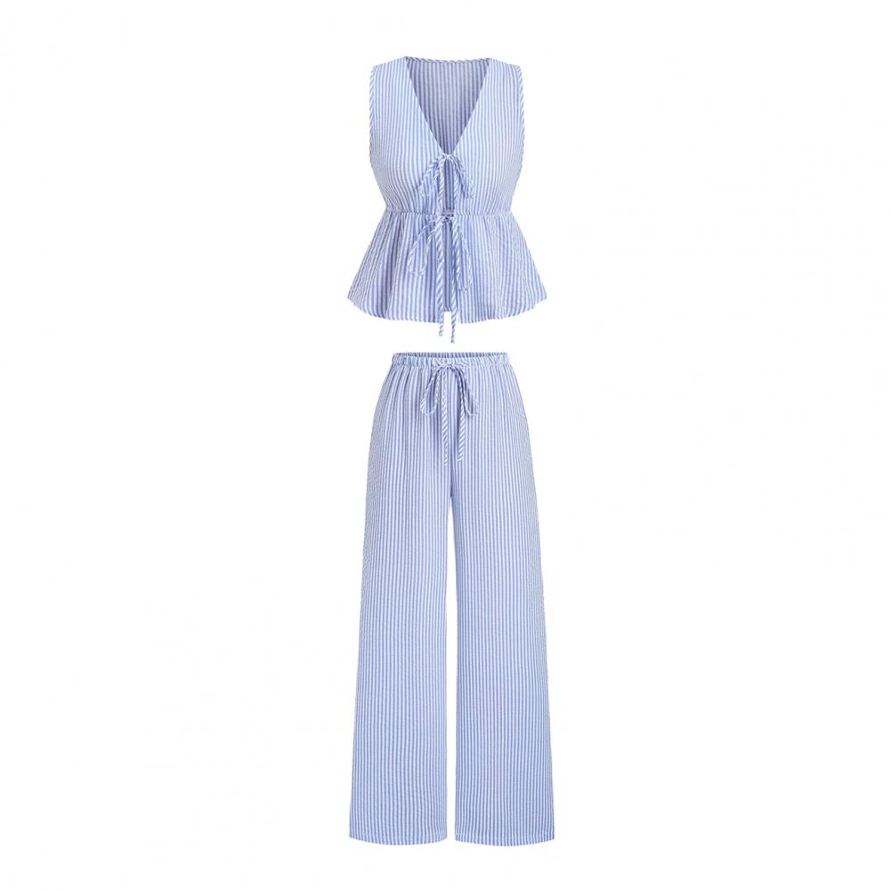 Women's Casual Sweet Set Summer Solid Color Striped Vest and Loose Pants Set with Lace-Up Closure