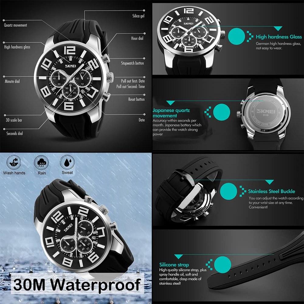 SKMEI Men's Silicone Casual Sports Watch Big Face Waterproof Chronograph Analog Date Luminous Black High-End Gift