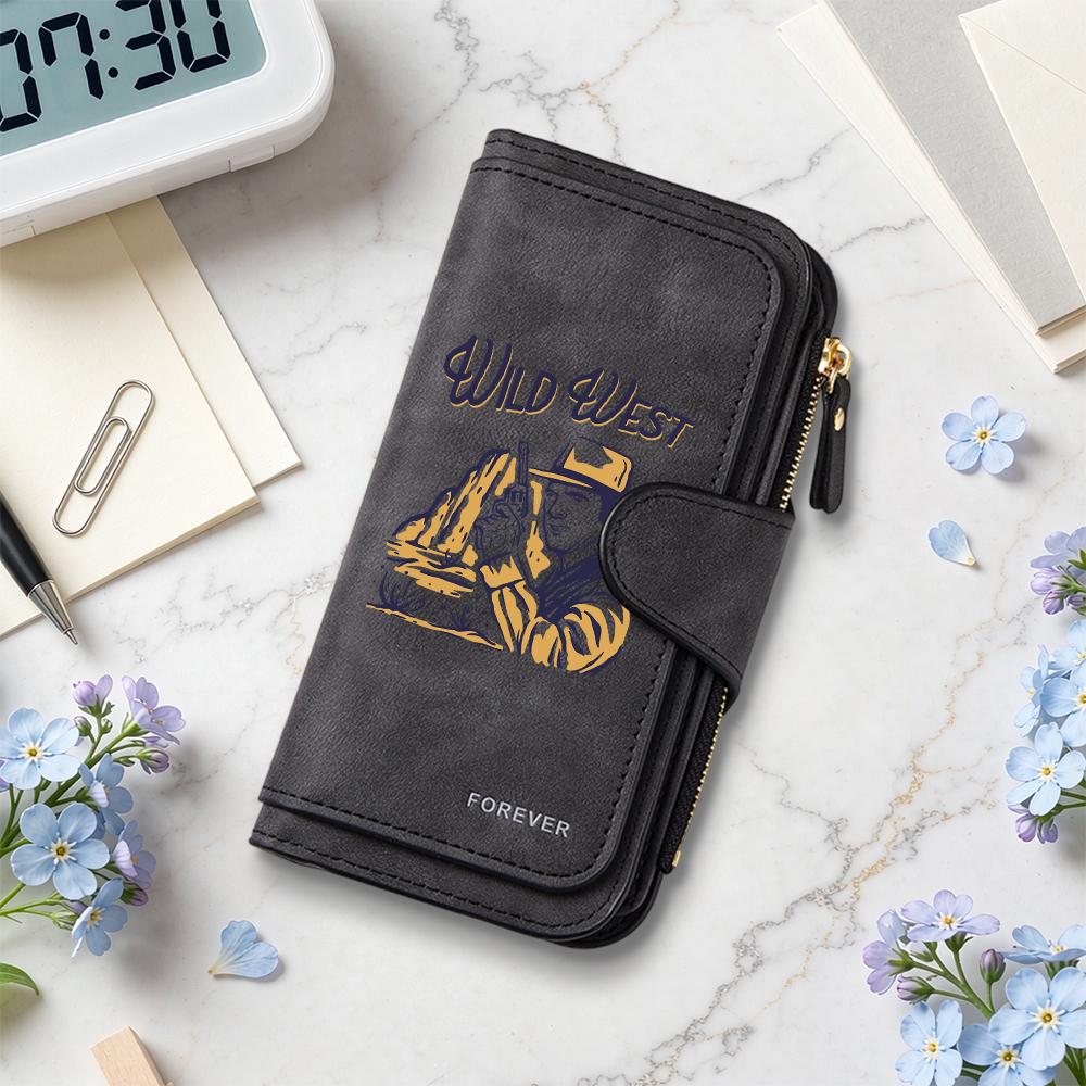 Wild West Print Long Wallet Forever Leather Purse Card Holder Retro Western Style
