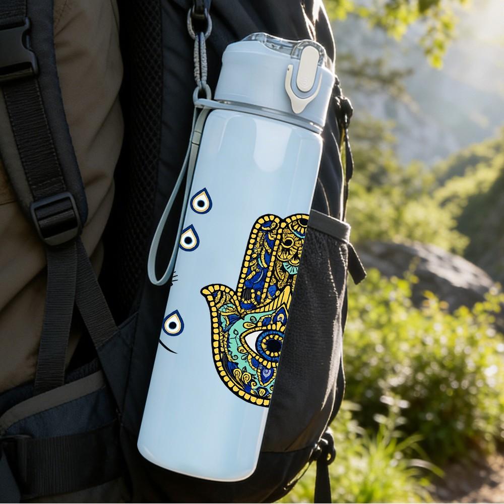 1PC Hamsa Hand Evil Eye Amulet Art 750ml Color Plastic Sports Water Bottle Leakproof Flip Straw Lid Suitable for Sports Office Home Use
