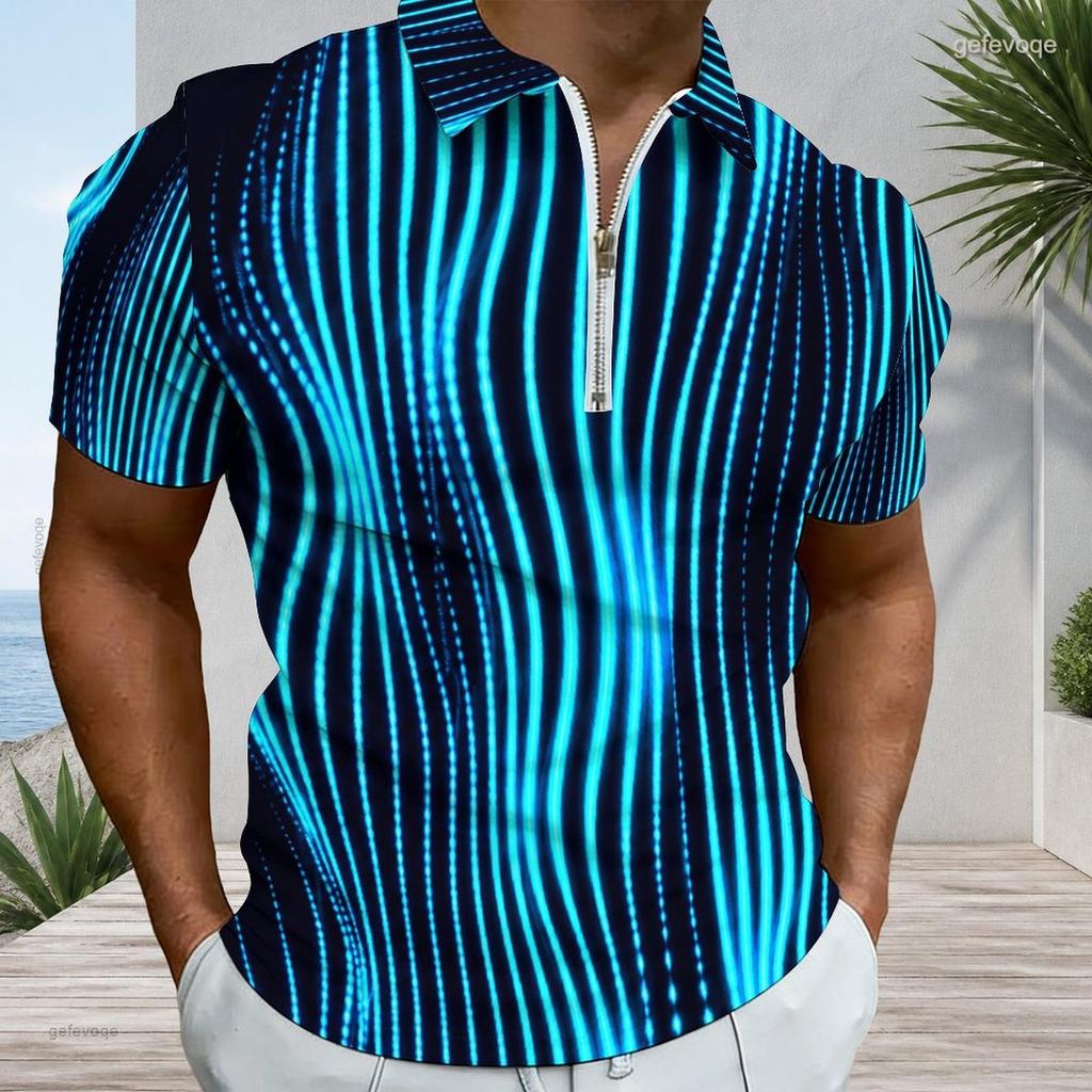 Men Plus Size Short Sleeve Quarter Zip Collared Polo Shirt White With Blue Floral Printed
