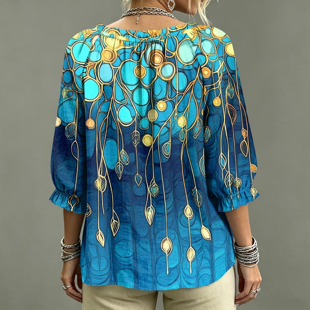 Women's Casual Printed V-Neck Ruffle Tie Blouse
