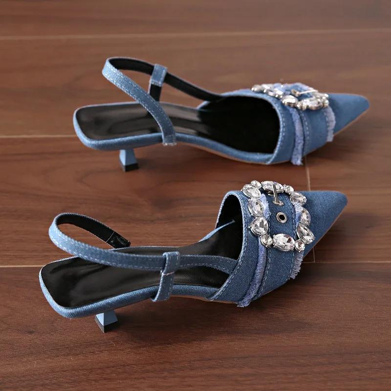 Fashion Denim Blue Women Sandals Elegant High Heels Slingback Pointed Toe Shoes Fashion Desiger Rhinestone Woman Pumps Wedding Shoes