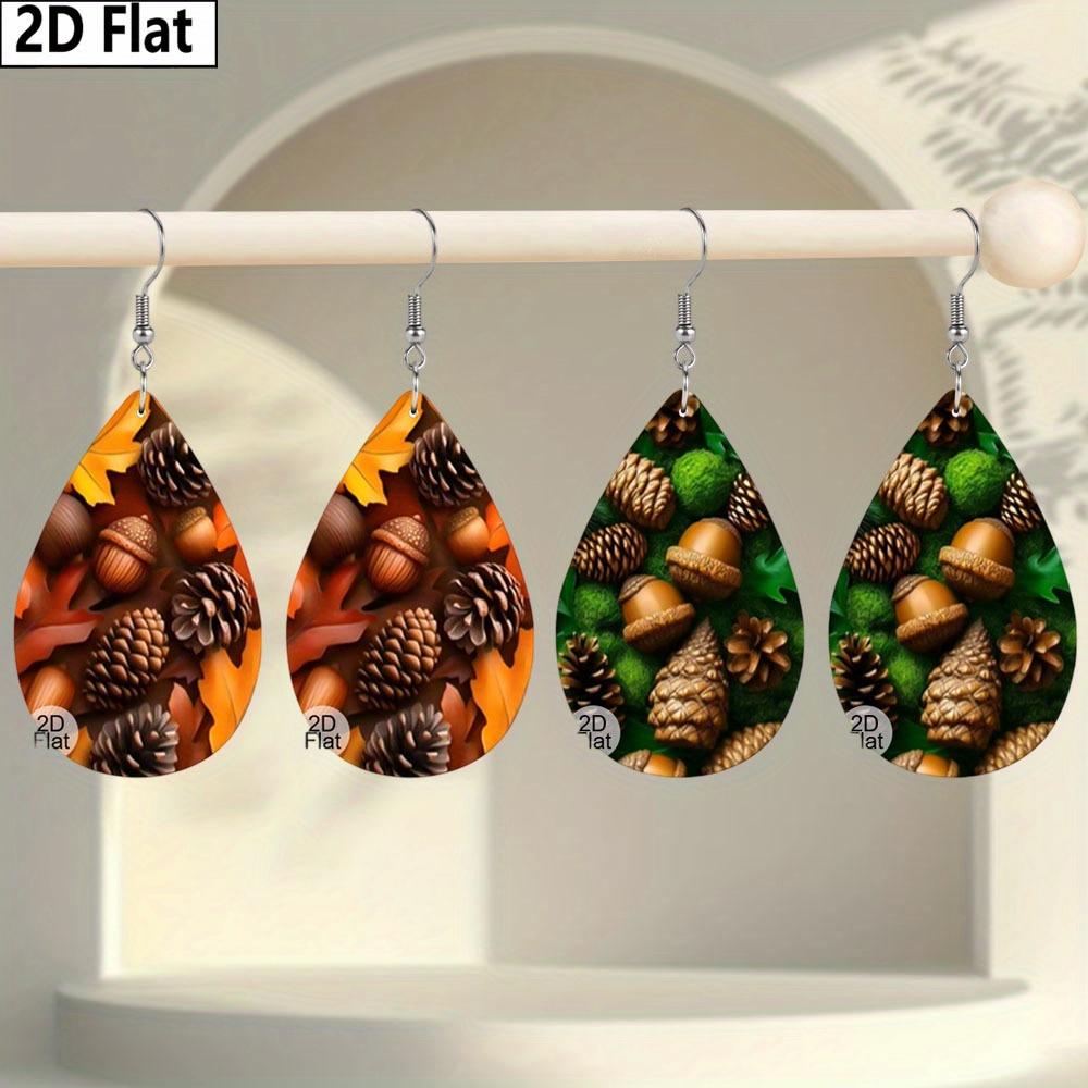Autumn Thanksgiving/Christmas Gift Leather Women's Fashion Drop Earrings, Brown/Green Leaves Pinecone Patterned Design PU Earrings Jewelry for  Wear