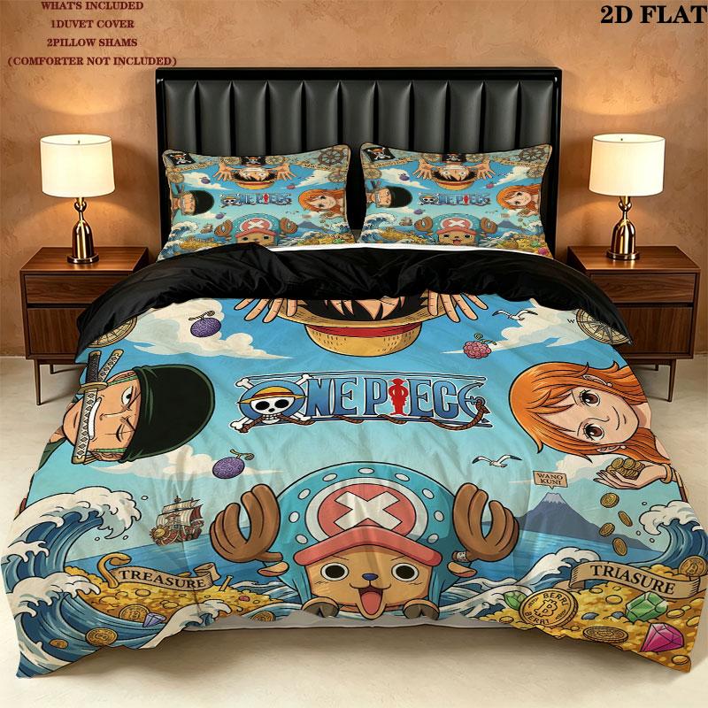 Pościel z nadrukiem One Piece Zestaw kołdry Poszewka na kołdrę Poszewka na poduszkę Domowy prezent urodzinowy(1 * poszwa na kołdrę + 2 * poszewki na poduszki, bez rdzenia)
