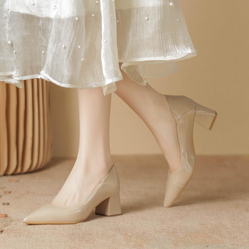 Nude High Heels Women's New Spring Pointed Head Light Mouth Wedding Shoes Medium Thick Heel Bridesmaid Shoes Single Shoes Women