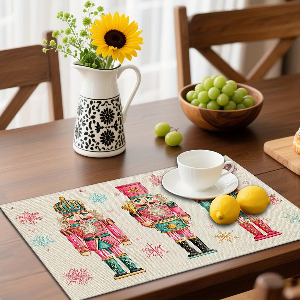 4pcs or 6pcs Nutcracker Placemats Suitable for Christmas Table Decor - Pink Golden Blue Snowflake Linen Table Mats, Hand Wash Only Elegant Rectangular