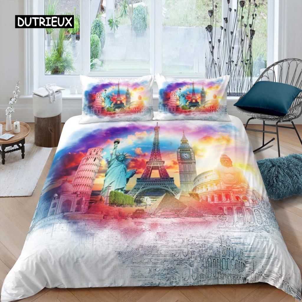 Statue of Liberty Bedspread Cover Hip Hop Full Size Peace Sign Love Heart Bed Cover Kit American Eyes Colorful Sturdy Polyester Quilt Cover